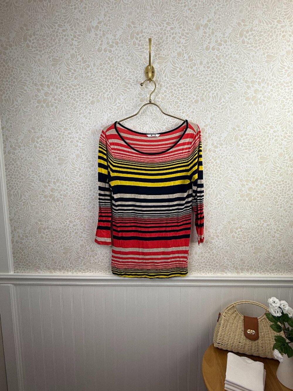 Three Dots Red & Navy Striped Scoop-Neck 3/4-Length Sleeve Shit - Size - Medium